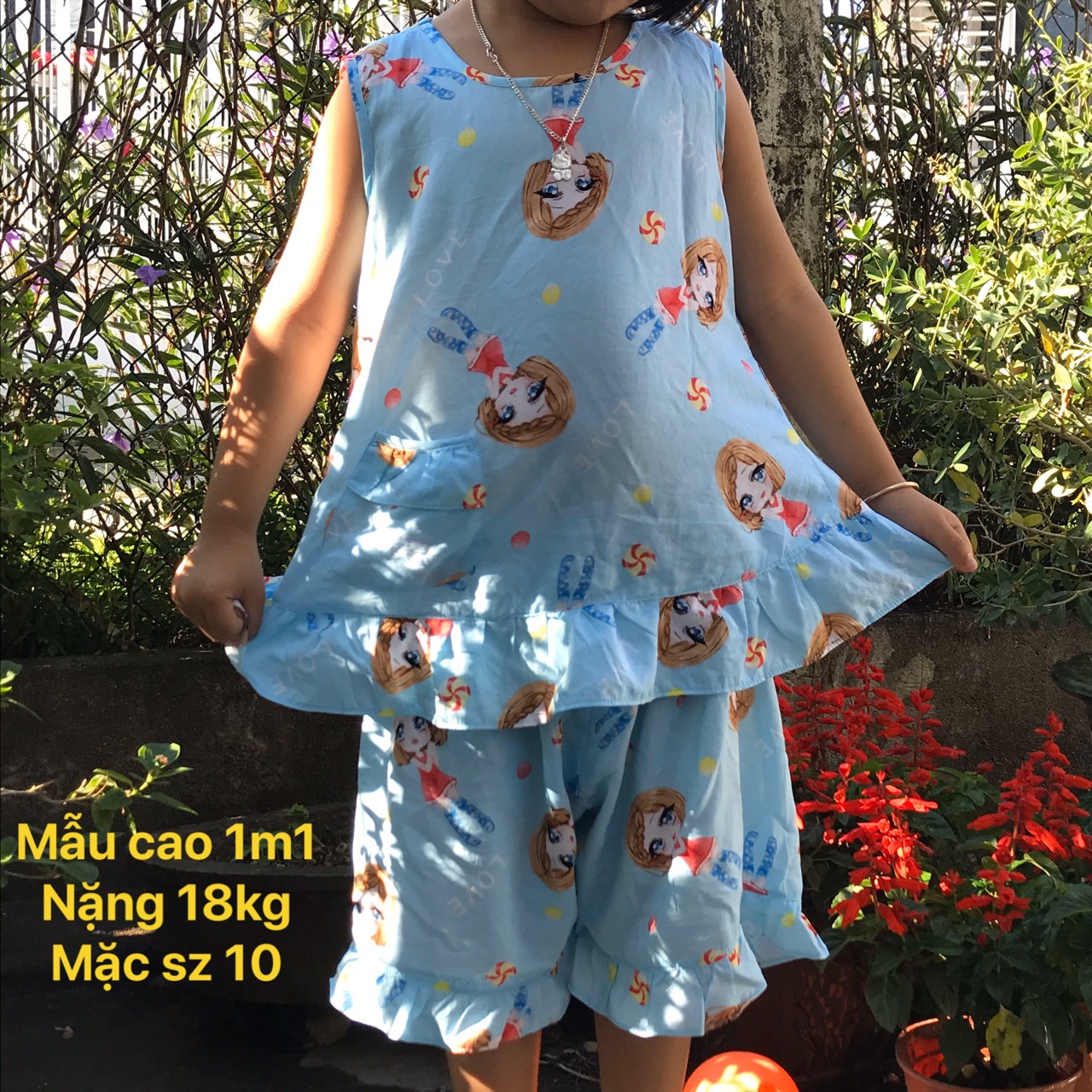 Bộ bé gái sát nách vải tôn lanh loại 1 phối bèo dễ thương - xanh cô gái