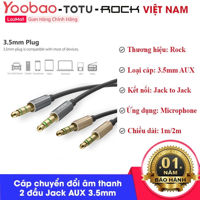 Cáp chuyển đổi âm thanh Rock (RAU0509) Audio Cable 2 đầu Jack AUX 3.5mm nhỏ gọn, tiện lợi - Hàng chính hãng