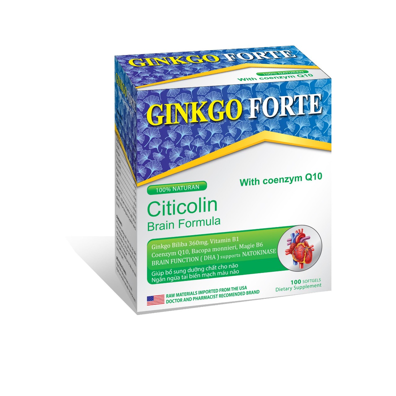 Hoạt Huyết Dưỡng Não Ginkgo Forte With Coenzyme Q10 - Giảm Tai Biến Mạch Máu Não - Tăng Cường Tuần Hoàn Máu Não - Hộp 100 Viên