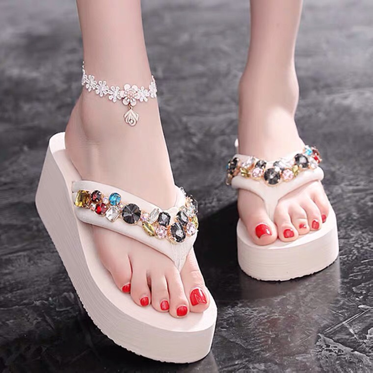 Dép nữ dép kẹp đính đá dép xỏ ngón đế xuồng cao 6cm cấp đế chống trượt
