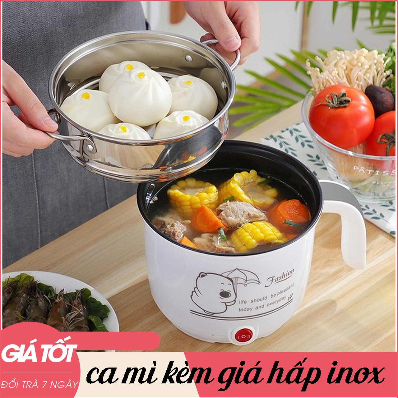 CA NẤU MÌ KIÊM NỒI LẨU MINI CÓ TẶNG KÈM XỬNG HẤP INOX, NHỰA - NỒI ĐIỆN NẤU MÌ LUỘC TRỨNG CỰC NHANH 18cm - CA NẤU MÌ SIÊU TỐC, NỒI LẨU ĐIỆN MINI ĐA NĂNG