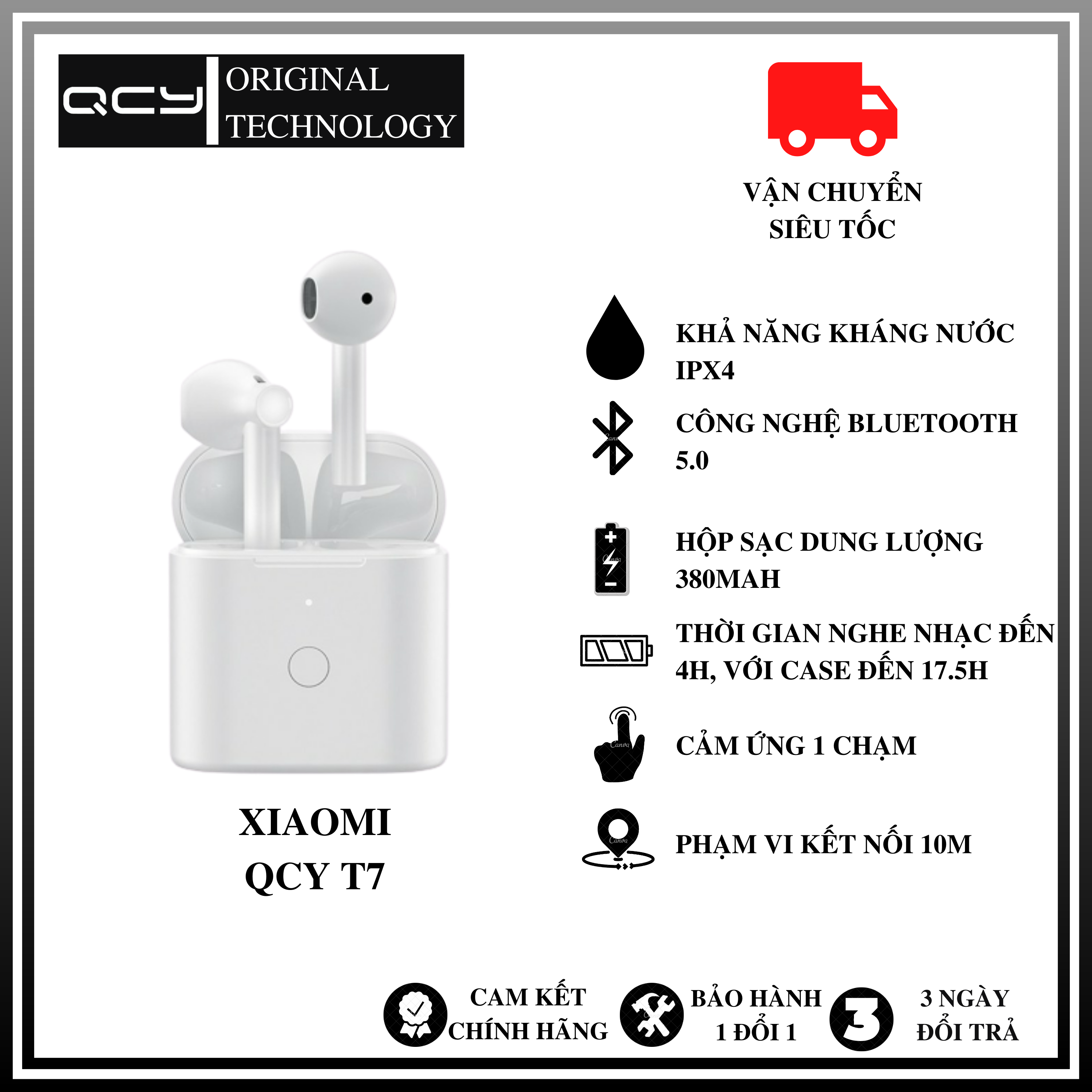 Tai Nghe Không Dây True Wireless Xiaomi QCY T7 Bluetooth 5.0 Âm thanh sống động chất lượng cao