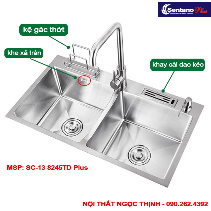 [HOÀN TIỀN]Chậu rửa chén inox 304 đúc cao cấp Sentano Plus đa năng kt 8245 có cài dao, gác thớt+ bộ xả chống hôi+ vòi rửa chén lạnh STN-501+khay đa năng
