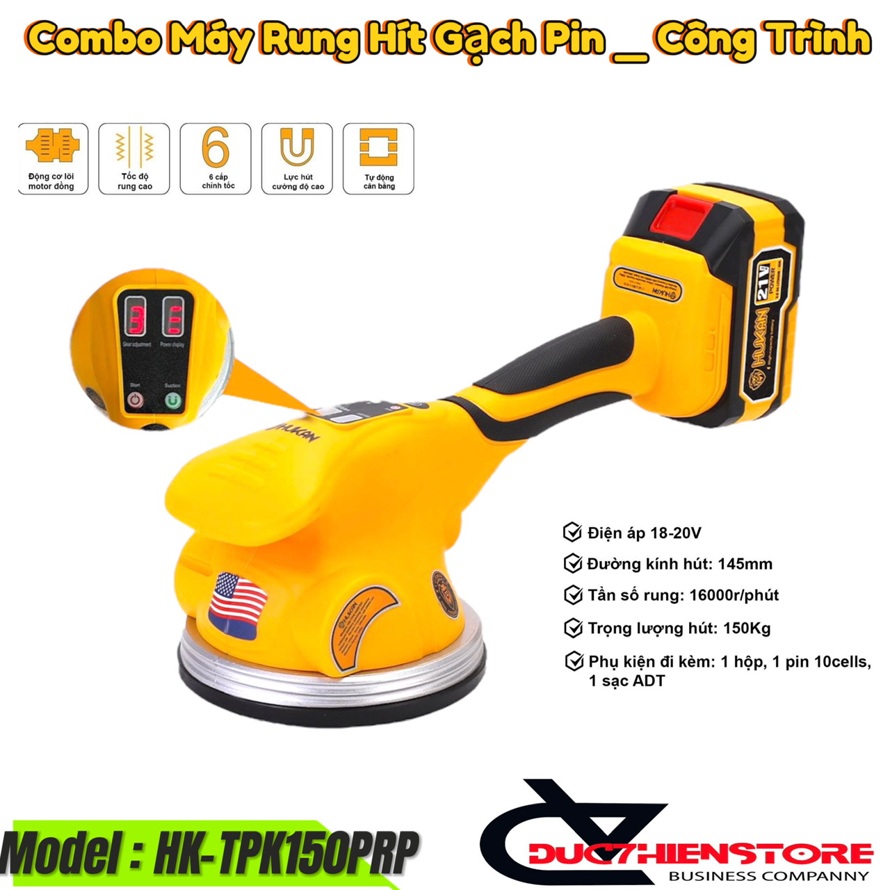 Máy rung lát gạch dùng pin hukan hk-tpk150prp | hút gạch bằng nút bấm + đầm rung gạch