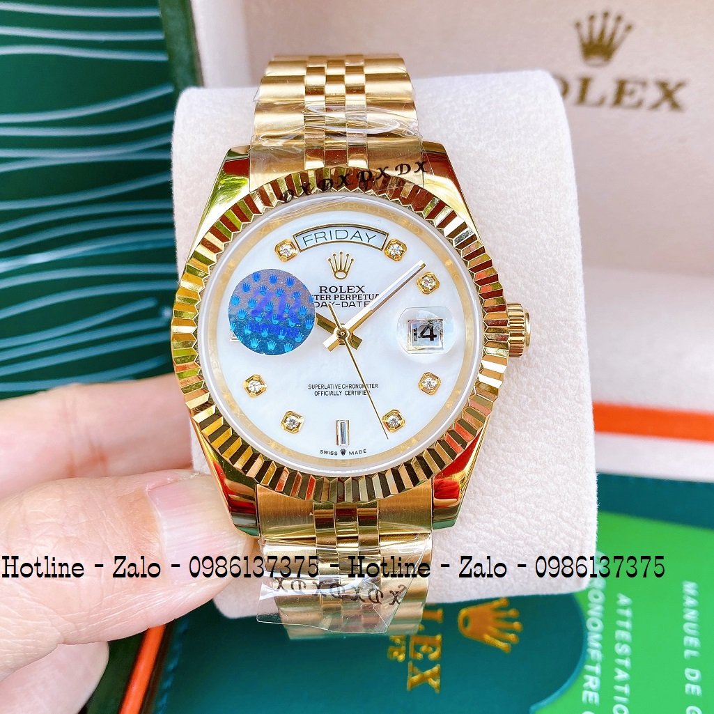 Đồng Hồ Nam Rolex Automatic 2 Lịch Viền Khía Vàng Trắng Ngọc 41mm
