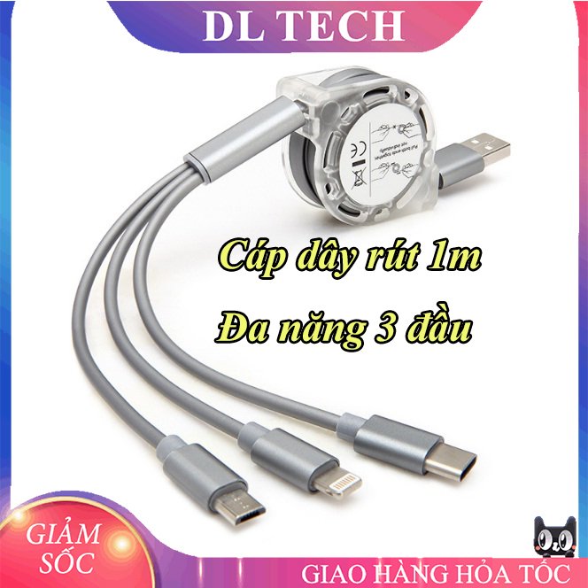 Cáp Sạc Rút 3 Đầu 3 Trong 1 , Dây Sạc Rút Đa Năng Lightning iPhone – Type C – Micro USB DL TECH