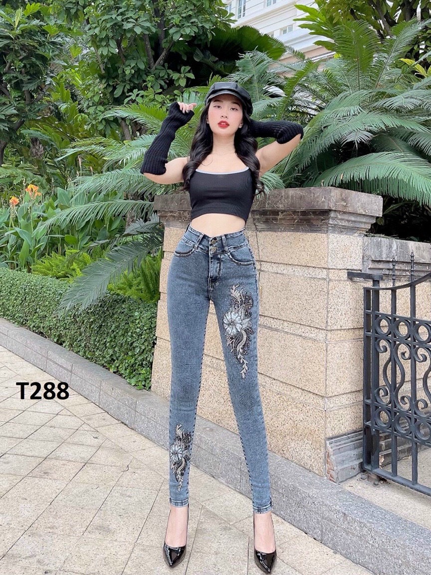 Quần jean nữ lưng siêu cao thêu hoa