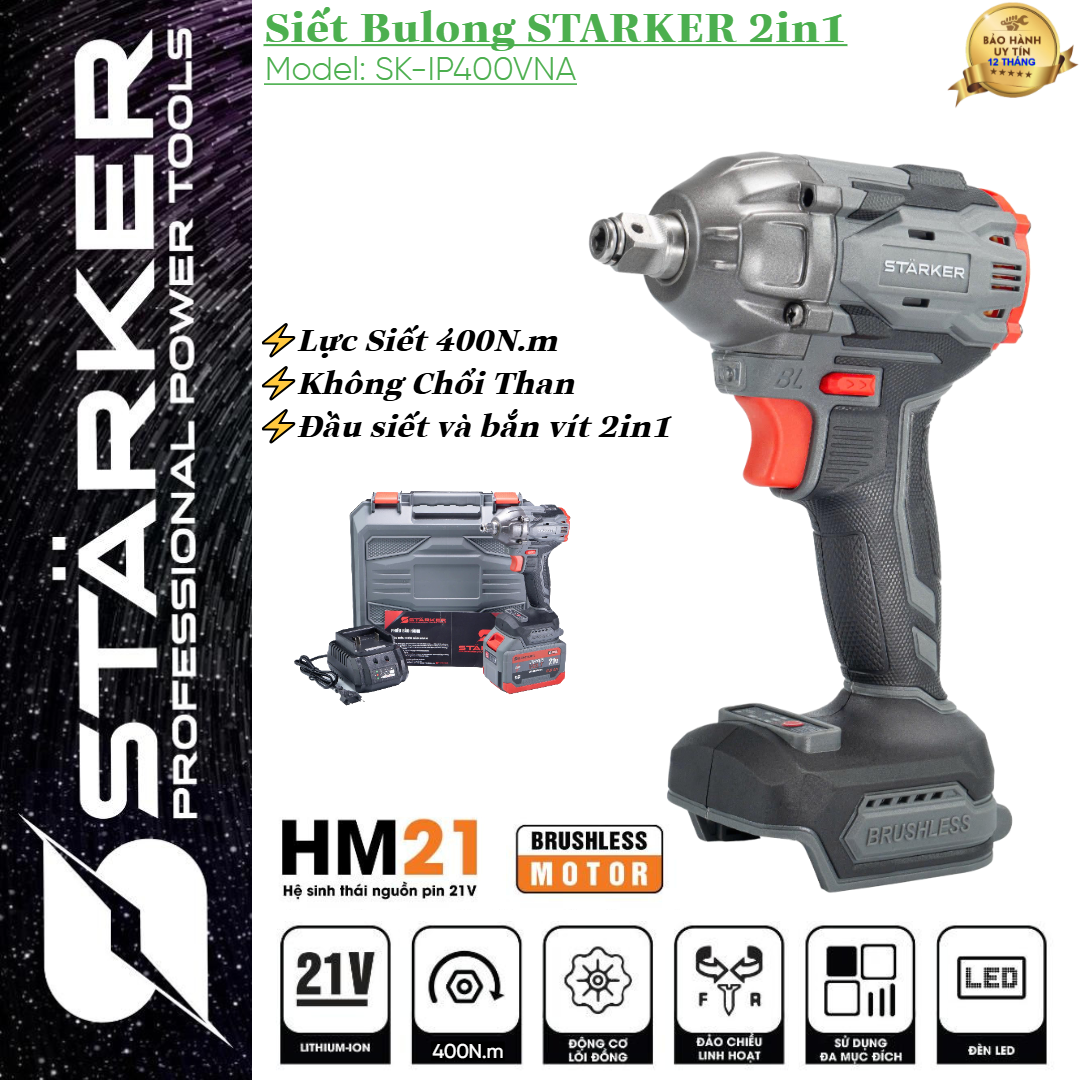 Siết Bulong Máy Bắn Vít Dùng Pin STARKER SK-IP400VNA - không chổi than - lực siết 400N.m