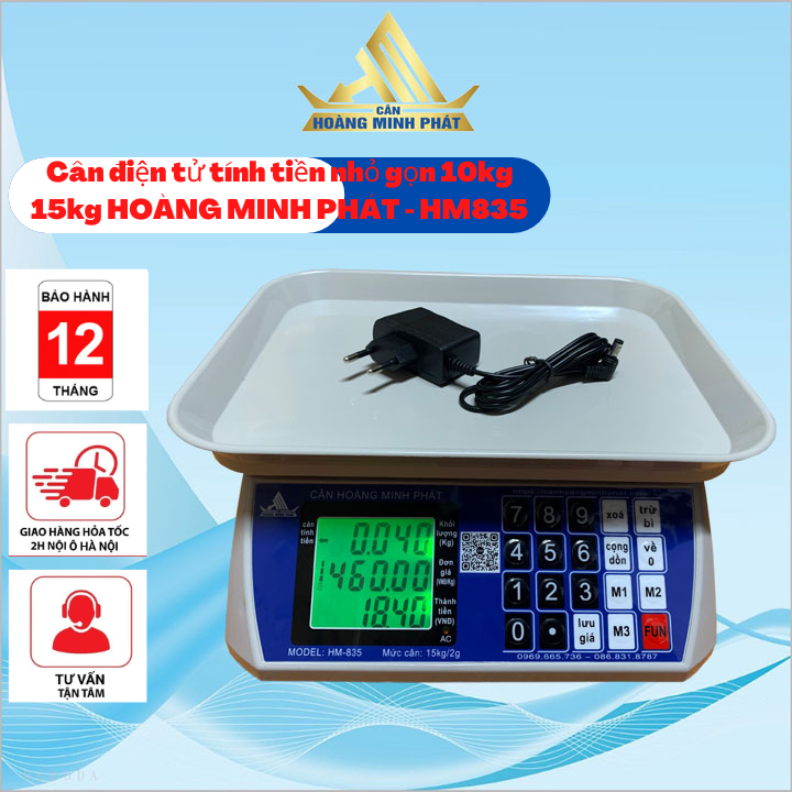 Cân tính giá, cân điện tử tính tiền hàng 10kg 15kg HM835 Nhỏ gọn, Phím tiếng việt [ CÂN HOÀNG MINH P