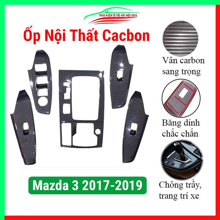 Ốp nội thất cho xe ô tô Mazda 3 2017-2019 vân Cacbon, ốp trang trí, bảo vệ khu cần số, tay nắm cửa xe hơi