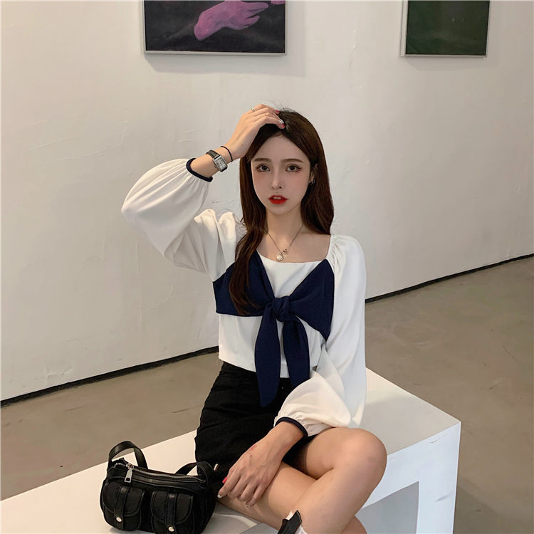 Tay Dài Thắt Nơ Màu Tương Phản Ngọt Ngào T Áo Sơ Mi Áo Sơ Mi Nữ Mẫu Mới Mùa Thu Áo Tôn Dáng Gầy Che Da Thịt