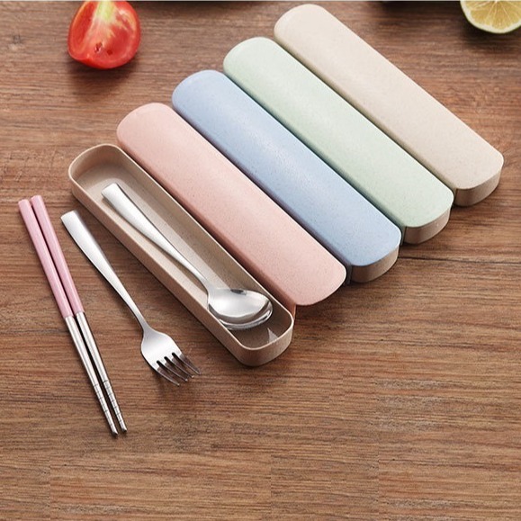 BỘ 03 MÓN MUỖNG NĨA ĐŨA INOX 304 CAO CẤP KÈM HỘP LÚA MẠCH (Nhiều màu) [ Nĩa ăn xiên Inox # Muỗng inox đẹp # Đũa Inox cao cấp ]