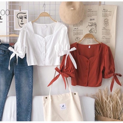 Áo nữ croptop kiểu hàn quốc đẹp tay phồng cột nơ trắng đen cam đất dracr21
