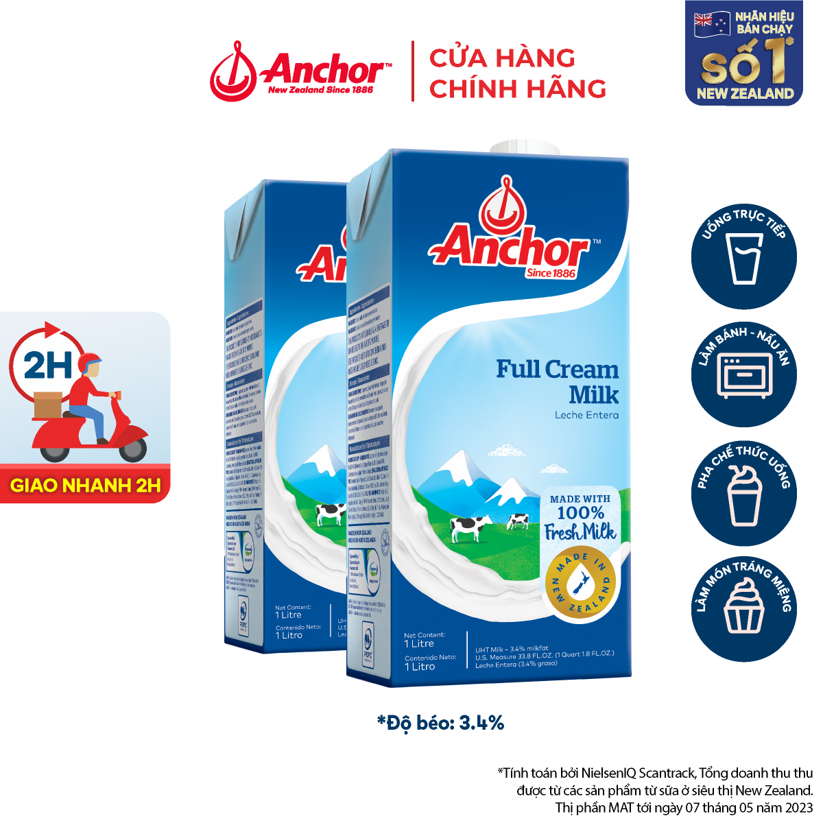 GIẢM 20K ĐƠN 199K - Combo 2 sữa tươi tiệt trùng Anchor nguyên kem hộp 1 lít
