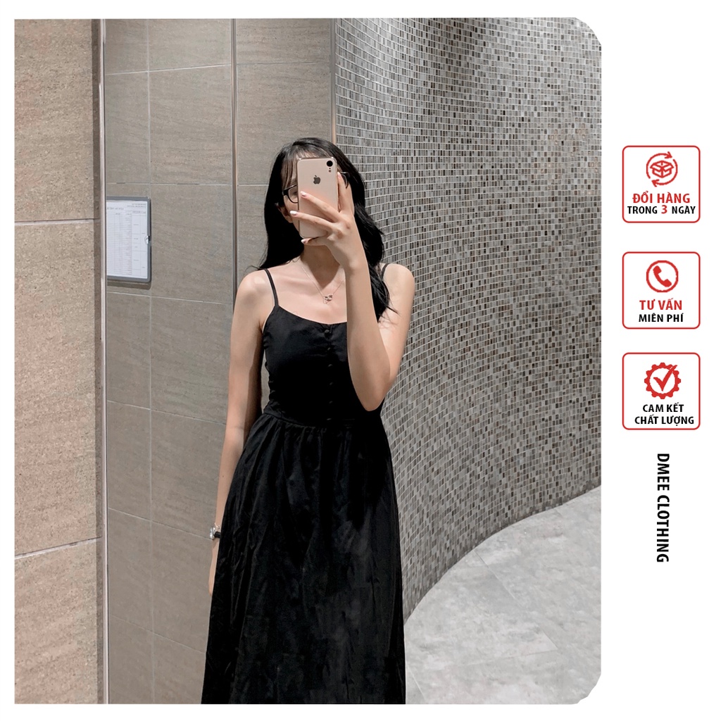 Váy đầm hai dây chất đũi mềm basic đen trắng cúc ngực dmee