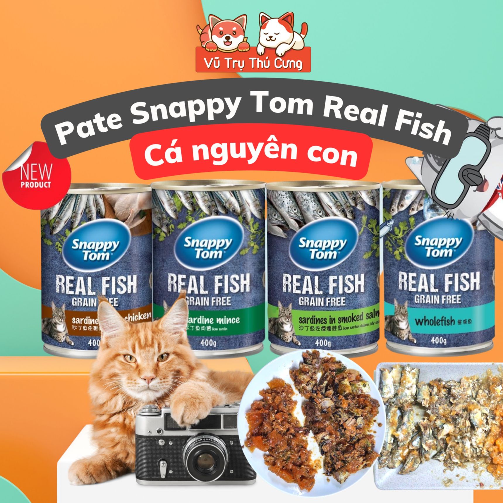 Pate lon Snappy Tom Real Fish 400g cho Mèo, Cá nguyên con nhiều dinh dưỡng