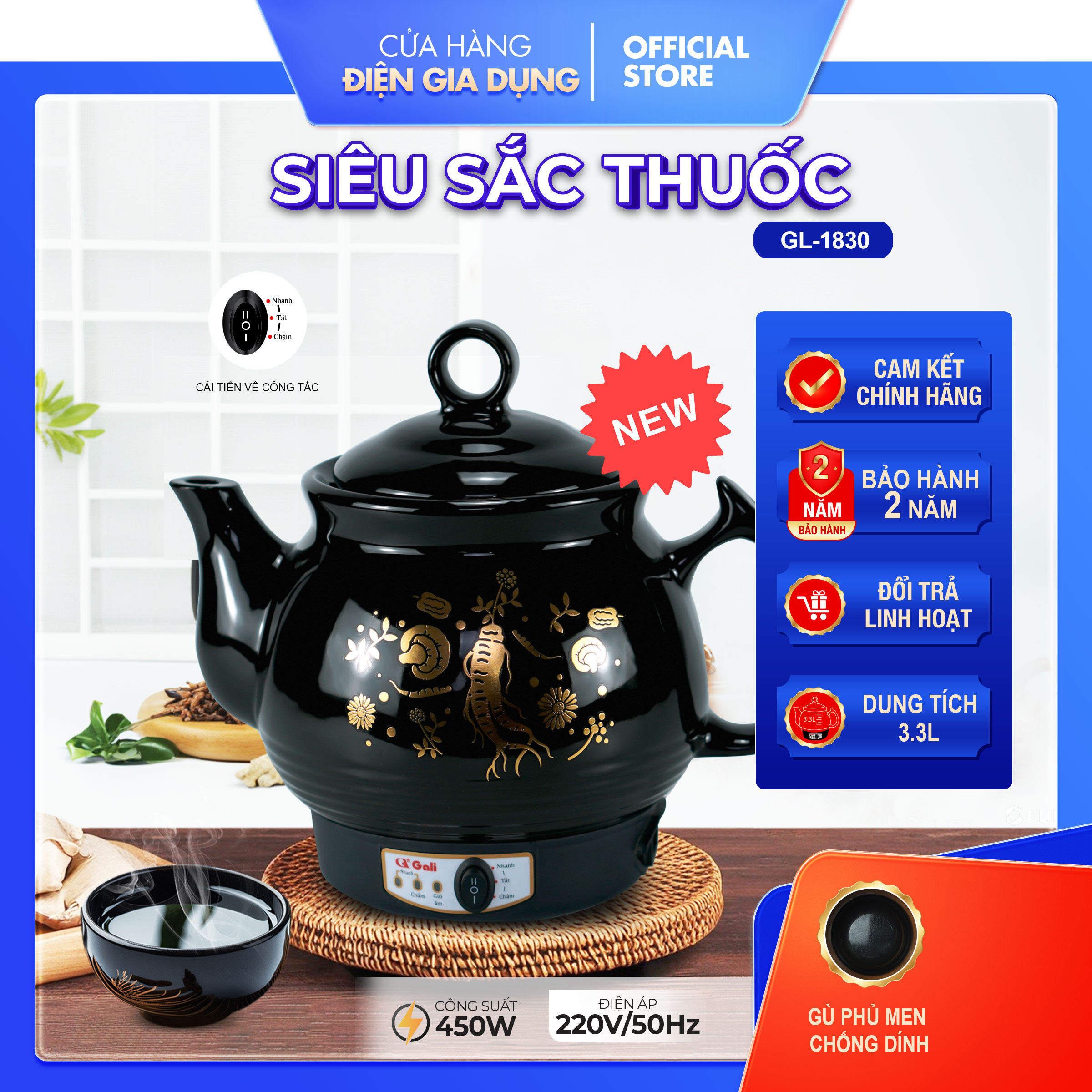 Ấm sắc thảo dược nam bắc gali, siêu sắc thuốc dung tích 4 lít, nấu nhanh chậm theo nhu cầu, tặng kèm 05 phụ kiện trị giá 90k