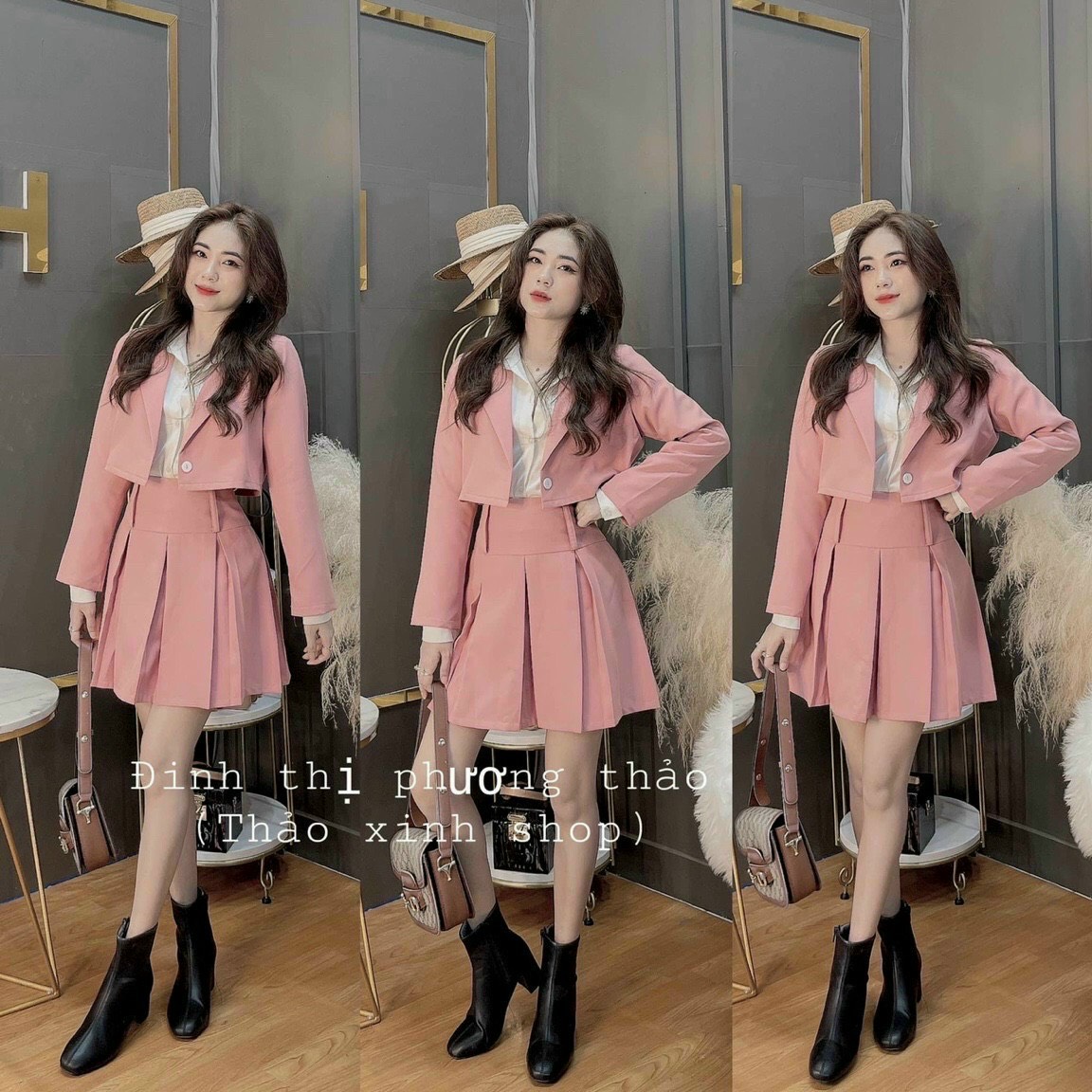 set ao vest lửng và chân váy xếp ly công sở