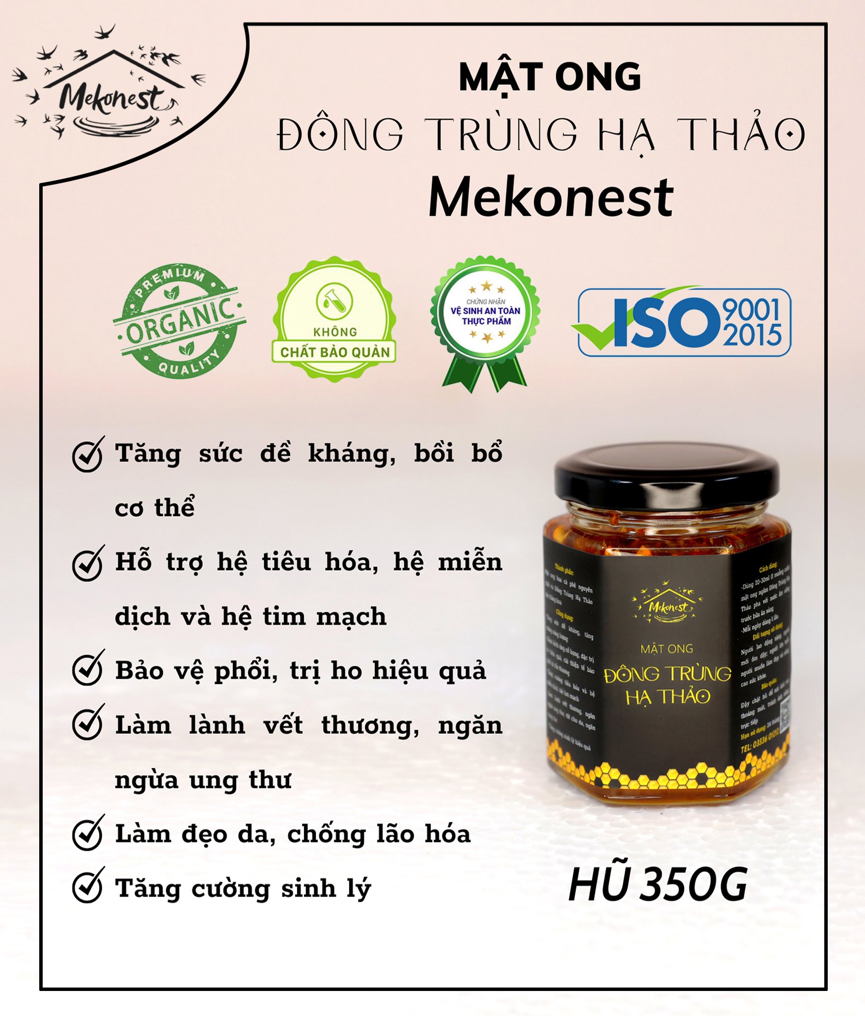 350gram mật ong ngâm đông trùng hạ thảo tặng que khuấy