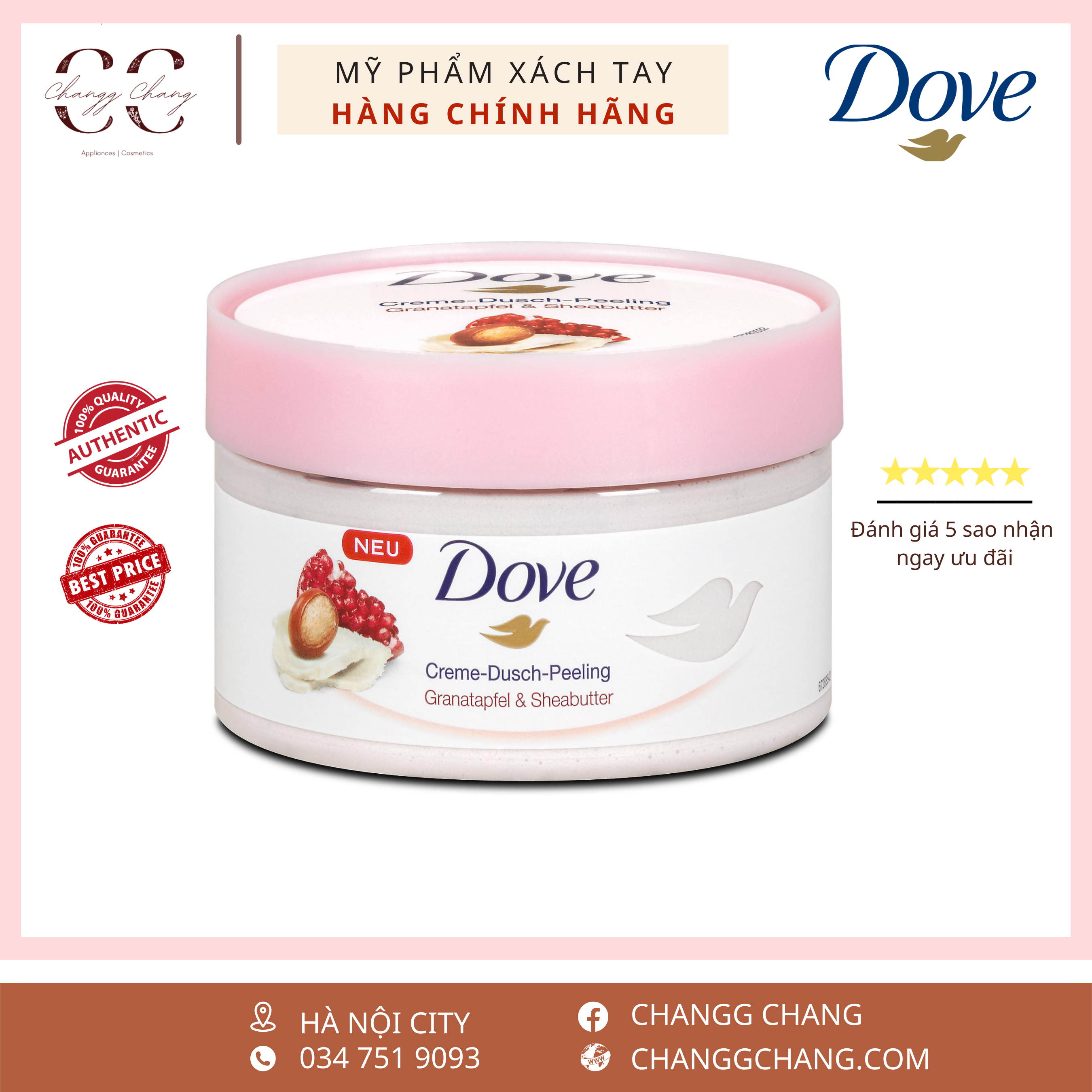 Tẩy tế bào chết DOVE Đức - Tẩy da chết toàn thân, tẩy da chết body dưỡng ẩm, làm trắng da, 225 ml
