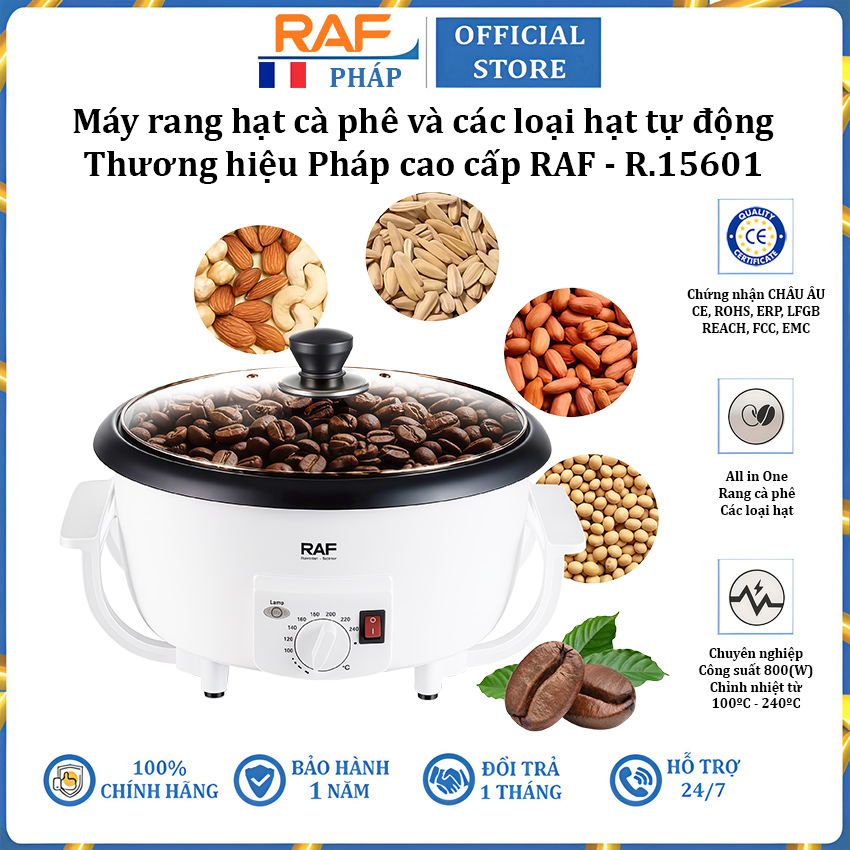Máy rang hạt cà phê và các loại hạt tự động thương hiệu Pháp cao cấp RAF R.15601 - Công suất 800W - Bảo Hành 1 Năm