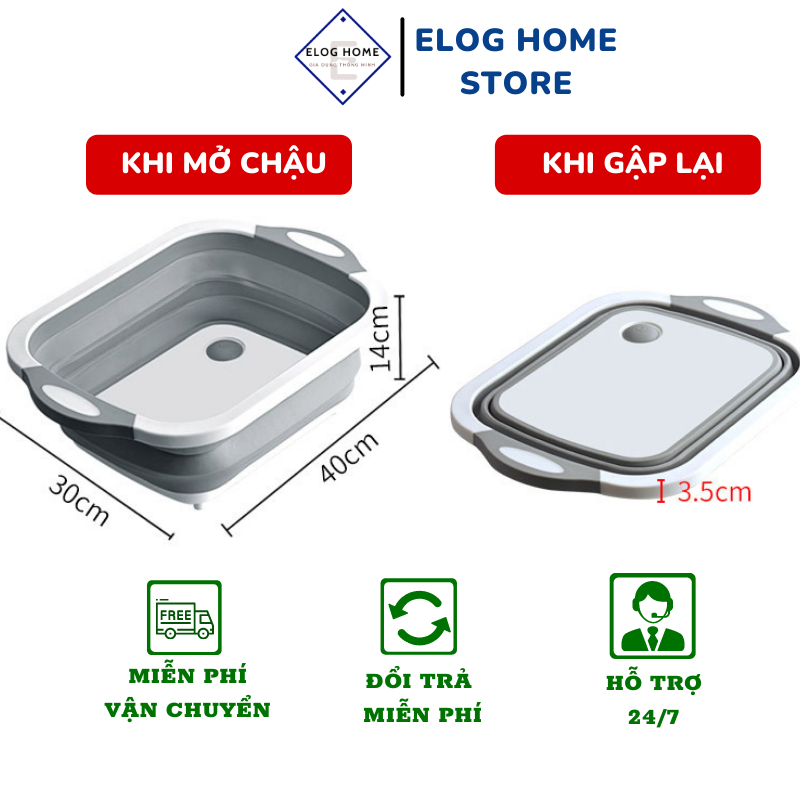 Chậu gấp gọn thông minh kiêm thớt silicon đa năng 3 in 1, Rổ đựng nhựa gấp gọn kèm thớt tiện dụng Elog Home