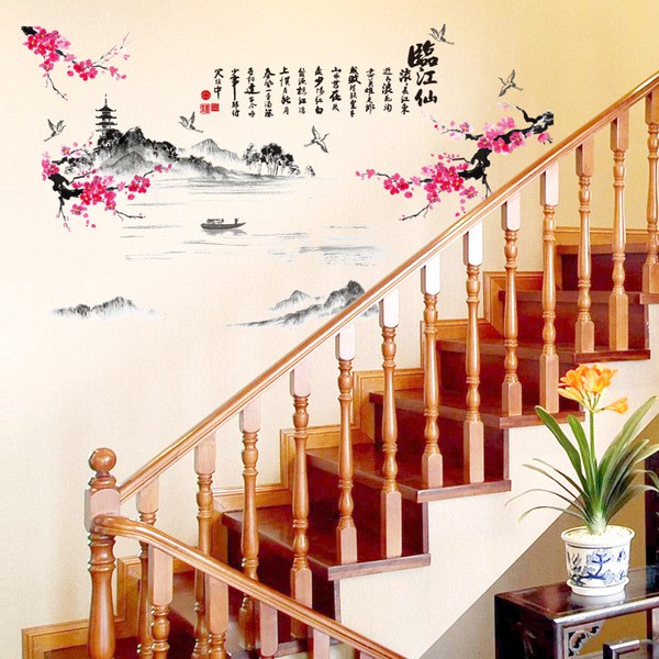Decal dán tường Hoa đào núi - Tranh dán tường hoa đào núi phòng thủy - giấy dán tường thư pháp hoa đào núi và sông siêu đẹp