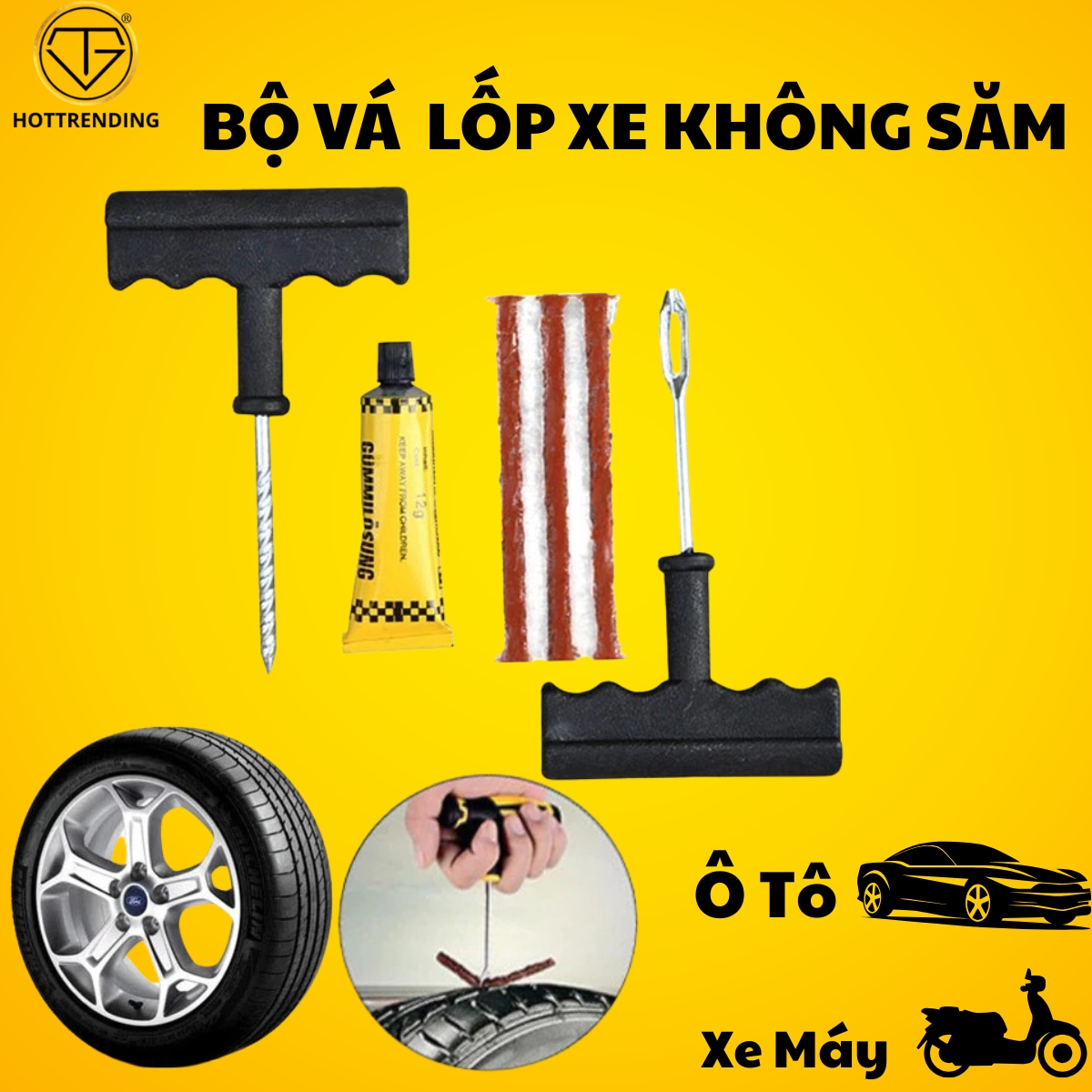 Hot Trending Tubeless Tire and Patch Kit | T-Handle, Tire Sealant Tube, Tire Patch Stick, Hole Punch Tool | Used for Cars and Motorbikes | Illustrations Used on Tires Giá 60,300 Đồng*Miễn phí vận chuyển