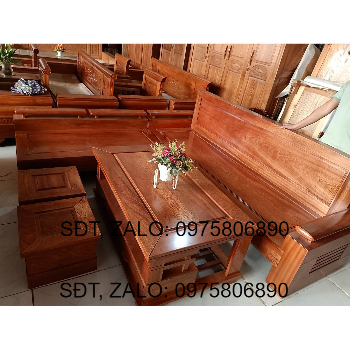 Bàn ghế phòng khách gỗ xoan đào mẫu góc tay trứng tựa liền nguyên tấm GTXL-01 .
