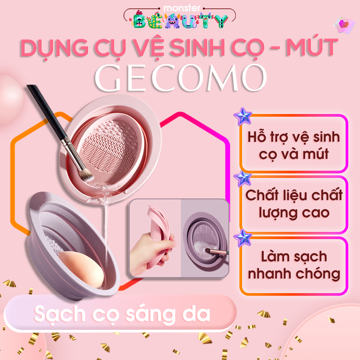 ⭐ Dụng cụ vệ sinh cọ trang điểm GECOMO chất liệu silicon cao cấp - Miếng silicon rửa cọ trang điểm đa năng có thể gấp gọn tiện lợi - Kèm dung dịch vệ sinh cọ chuyển dụng + túi lưới - monster BEAUTY