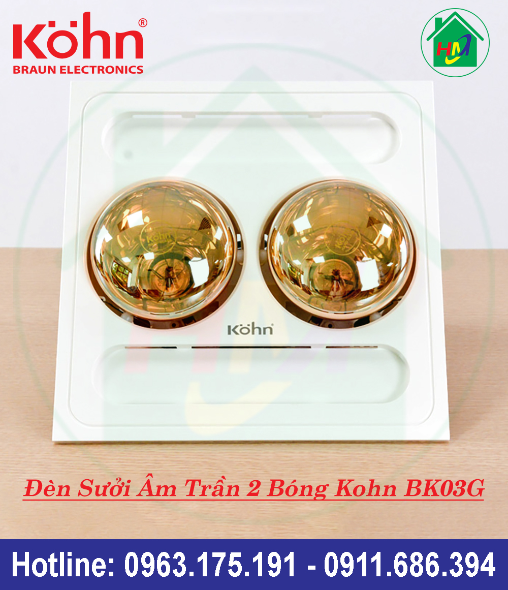 Đèn sưởi 2 bóng âm trần nhà tắm kohn bk03g/bk03gr chính hãng