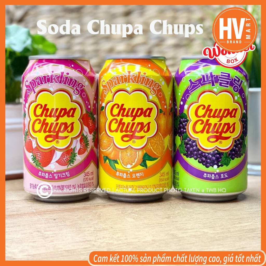 [ Hàng Bán Chạy] Nước Ngọt Soda Sparkling Chupa Chups Hương Vị Tuyệt Vời, Nhập Khẩu Từ Hàn Quốc- Vị Dâu/Nho/Cam -  Lon 345ml