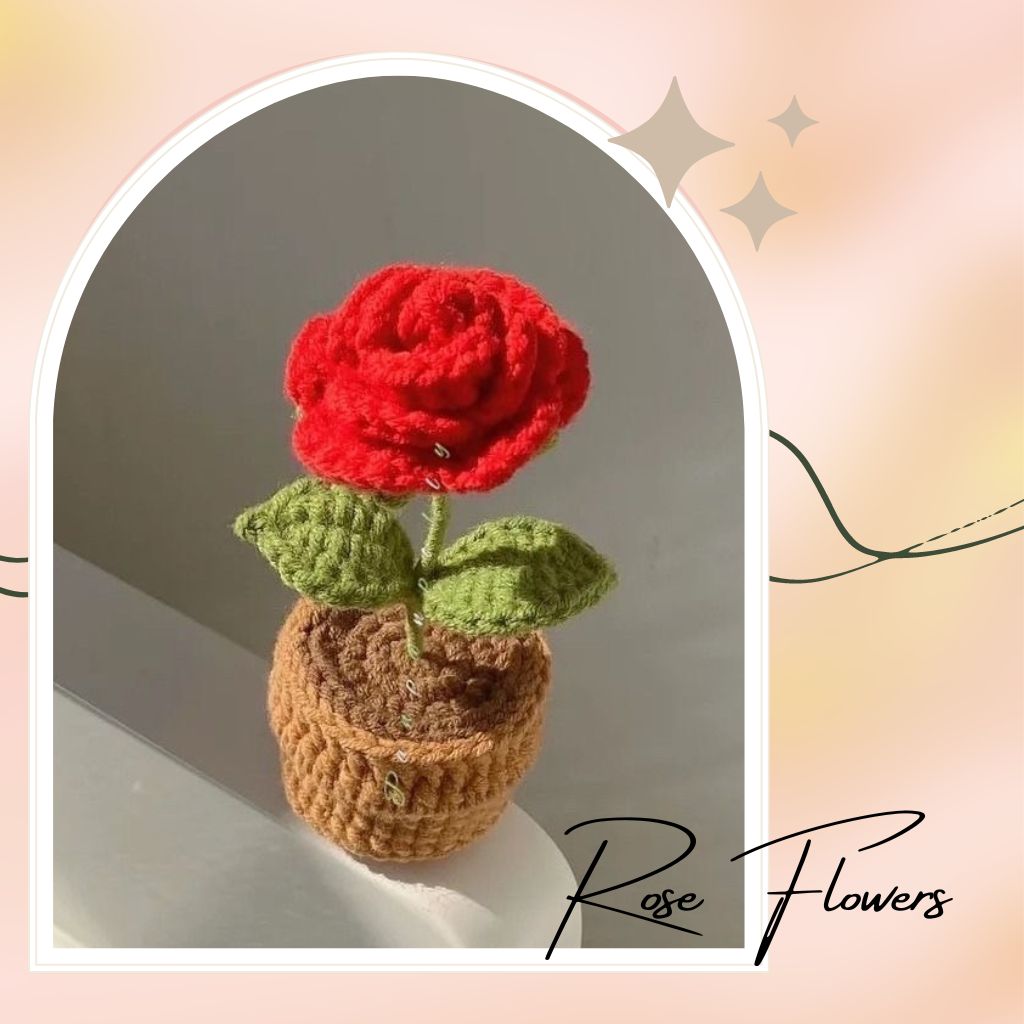 Chậu hoa hồng bằng len size nhỏ, Hoa bằng len handmade làm quà tặng bạn bè, người thân - KAT DIY