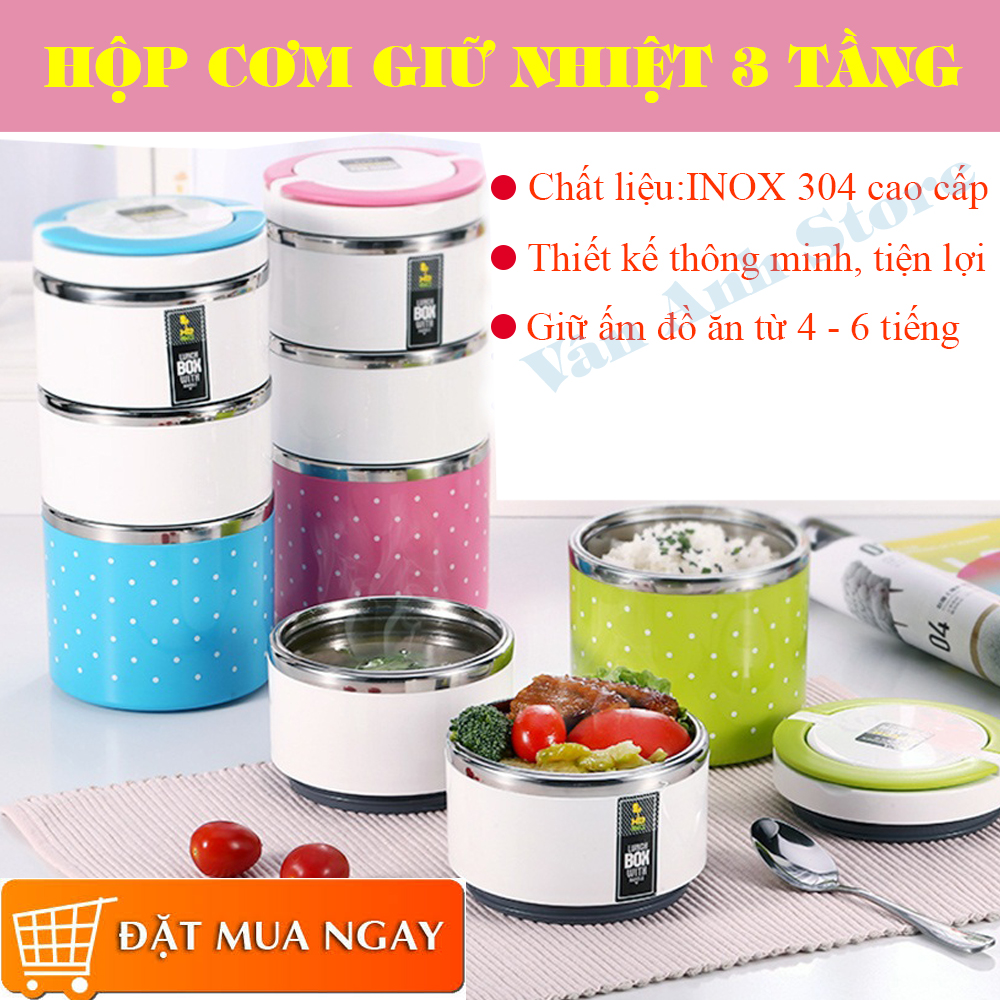 Hộp Đựng Cơm Giữ Nhiệt, Hộp Cơm Giữ Nhiệt 3 Tầng Chấm Bi, Camen Đựng Cơm, Đồ Đựng Cơm Giữ Nhiệt. [HÀNG INOX 304 CAO CẤP], GIỮ NHIỆT TỐT TỪ 4- 6 TIẾNG, THIẾT KẾ NHỎ GỌN,CHỐNG TRÀN KHI VA ĐẬP- CHUẨN INOX 304.