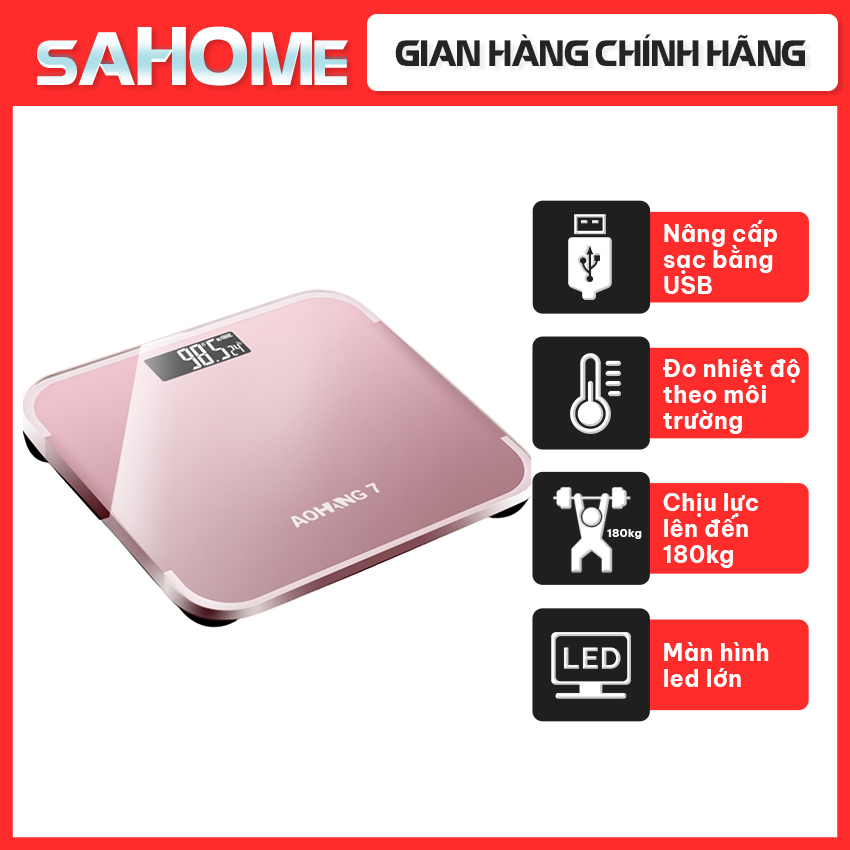 [FREESHIP] Cân Điện Tử Sức Khỏe Sạc Pin Hồng SH26 Cân Chuẩn Xác, Hiển Thị Nhiệt Độ Phòng, Kính Chịu Lực Chắc Chắn, Trọng Lượng Tối Đa 180kg, Độ Chia Nhỏ Nhất 0.05kg - Sahome