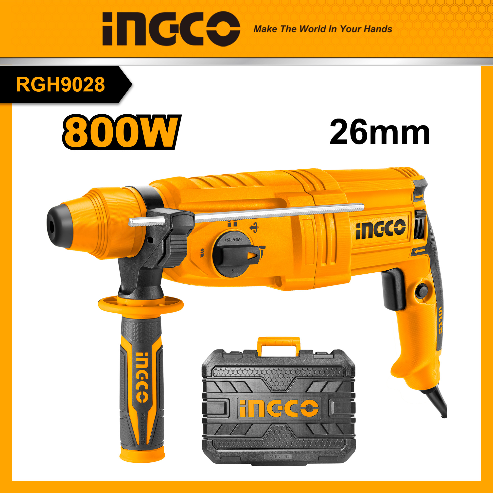 Ingco rgh9028 máy khoan đục 800w/1100rpm khả năng khoan tối đa - bê tông, 26mm/khoan sắt,13mm/khoan gỗ, 30mm