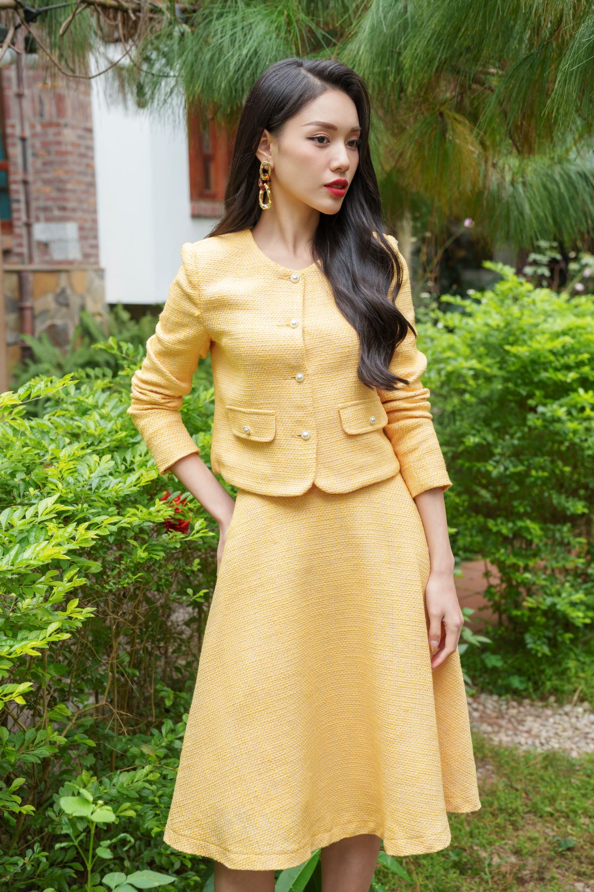 De Leah - Áo Suông Tweed Dài Tay & Chân váy midi tweed xòe - Thời Trang Thiết Kế