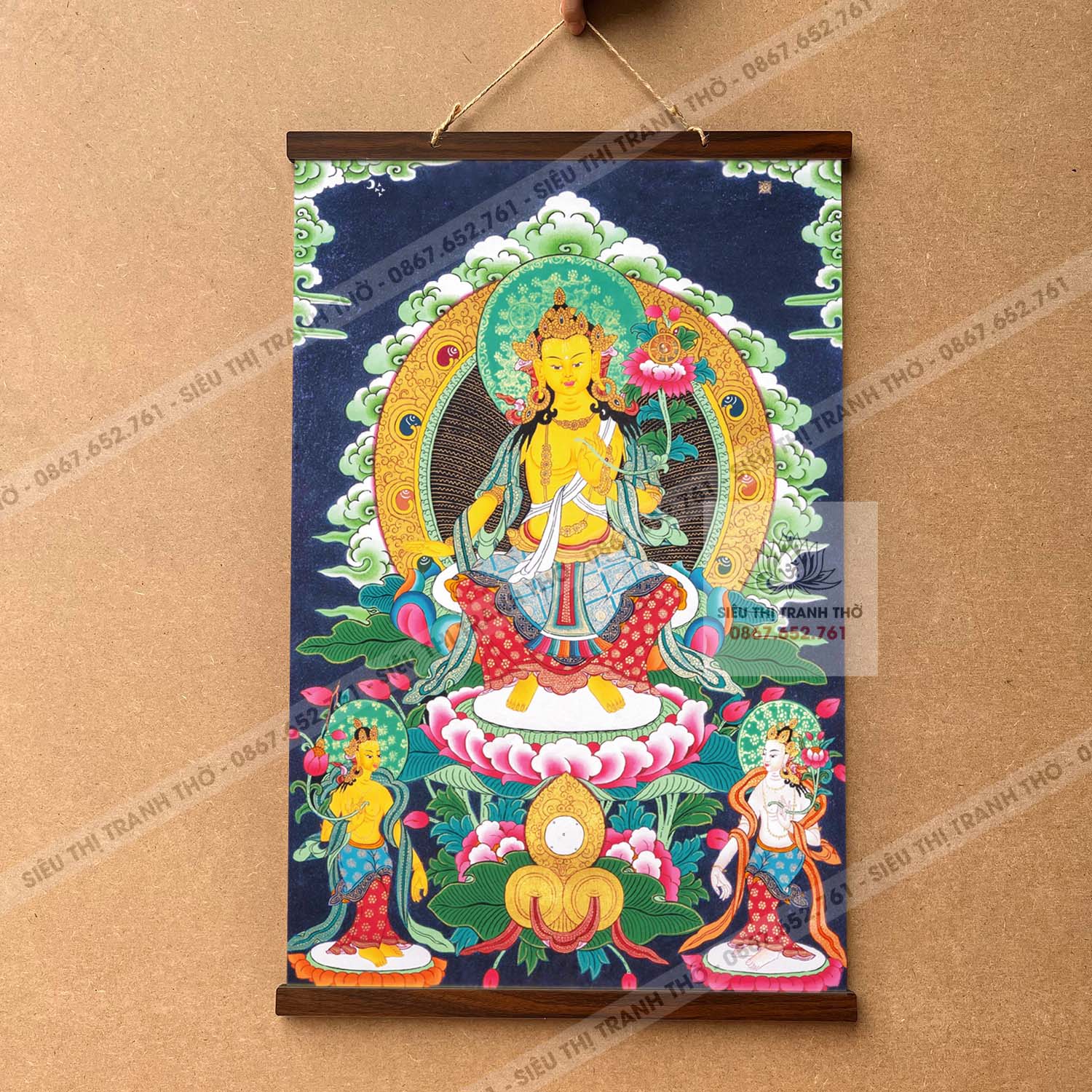 Tranh mật tông thangka Phật Di Lặc Maitreya nẹp gỗ 40x60cm bằng vải phủ bóng cao cấp dày dặn