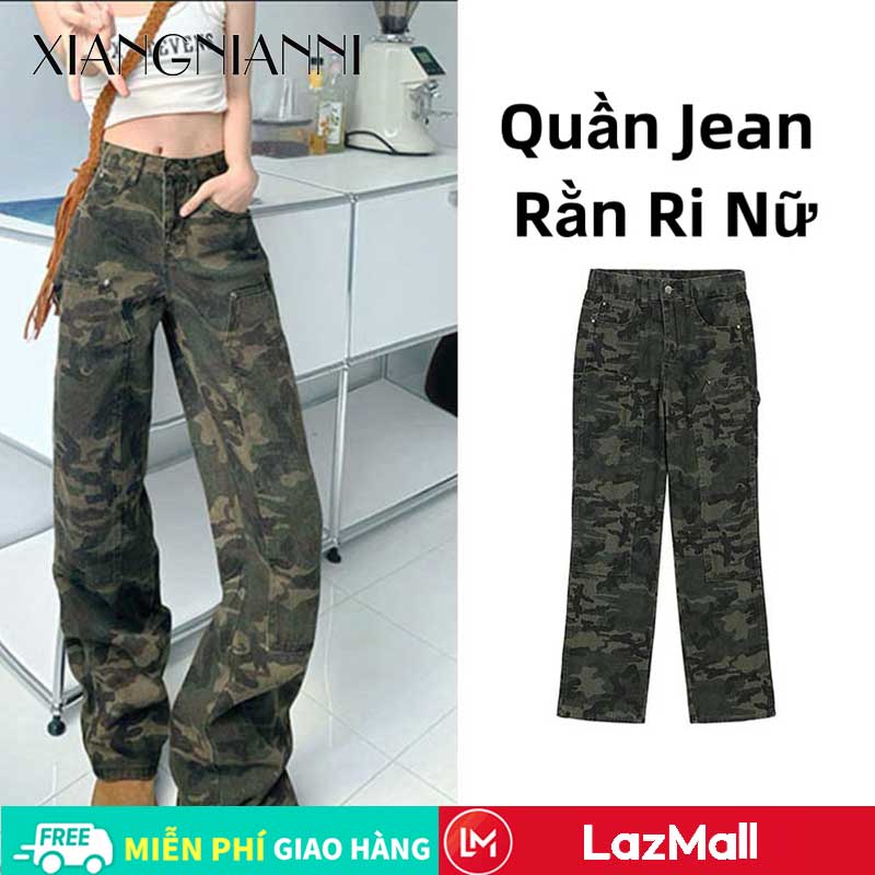 Xiang Nian Ni Quần của phụ nữ Cổ điển Mỹ Hàn Quốc Thắt lưng cao ngụy trang Quần yếm giản dị Cộng với Kích thước Quần thẳng quần ống rộng 2024