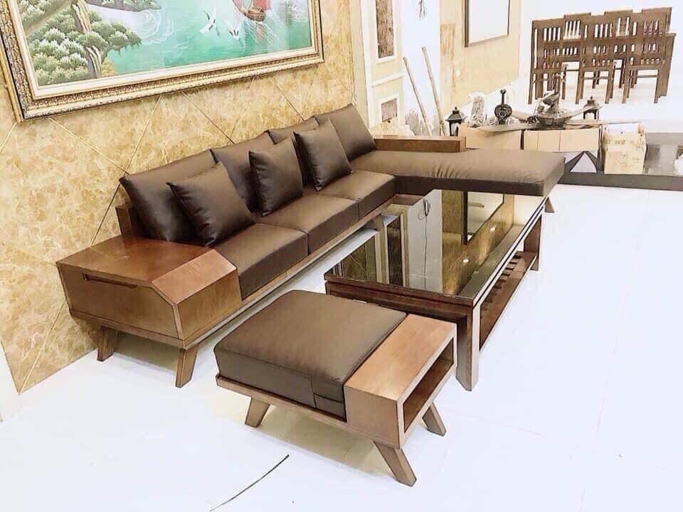 Bàn ghế sofa góc phòng khách gỗ sồi nga màu óc chó