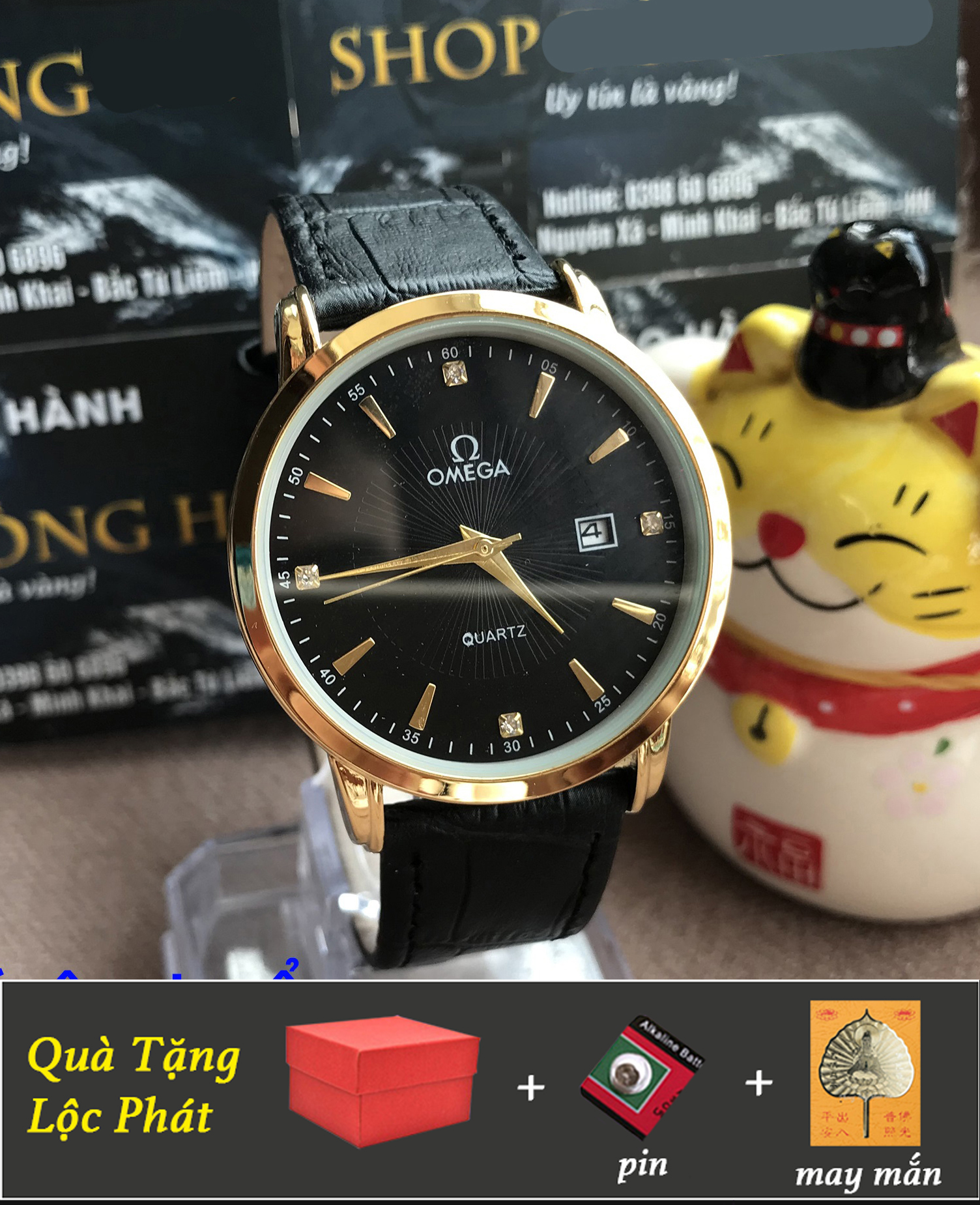 Đồng Hồ Nam Kim Vàng Quai Da Kiểu Dáng Doanh Nhân Sang Trọng Siêu Bền, Chống Nước, Kính Chống Trầy Xước Tặng Pin, Lá Bồ Đề May Mắn Phong Thuỷ