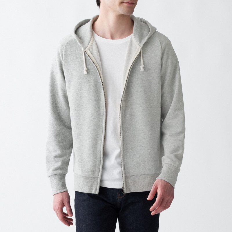 Muji áo khoác có mũ khoá kéo vải thun da cá sợi slub