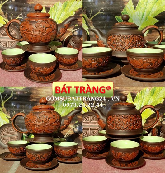 Ấm trà cổ hoa văn dân gian việt nam bộ ấm chén bát tràng cao cấp ấm trà tử sa đẹp