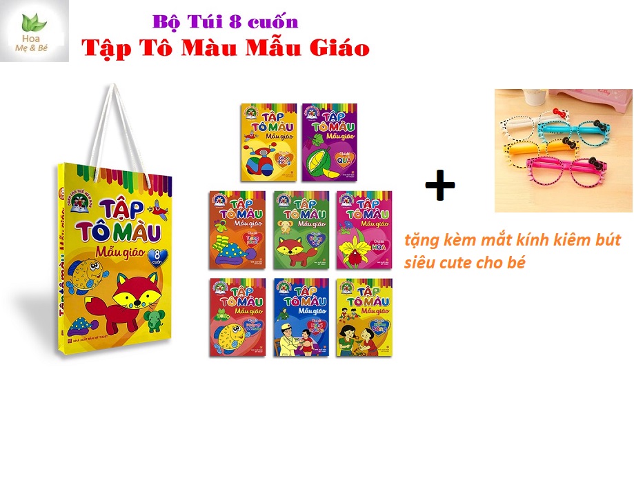 Sách tô màu 8 cuốn cho bé sách tô màu cho bé sách tập tô màu chữ số cho bé - nhà trẻ - tặng kèm mắt kính kiêm bút cho bé