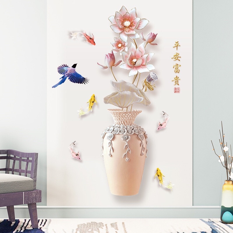 Decal dán tường trang trí phòng khách hoa sen màu hồng nhạt