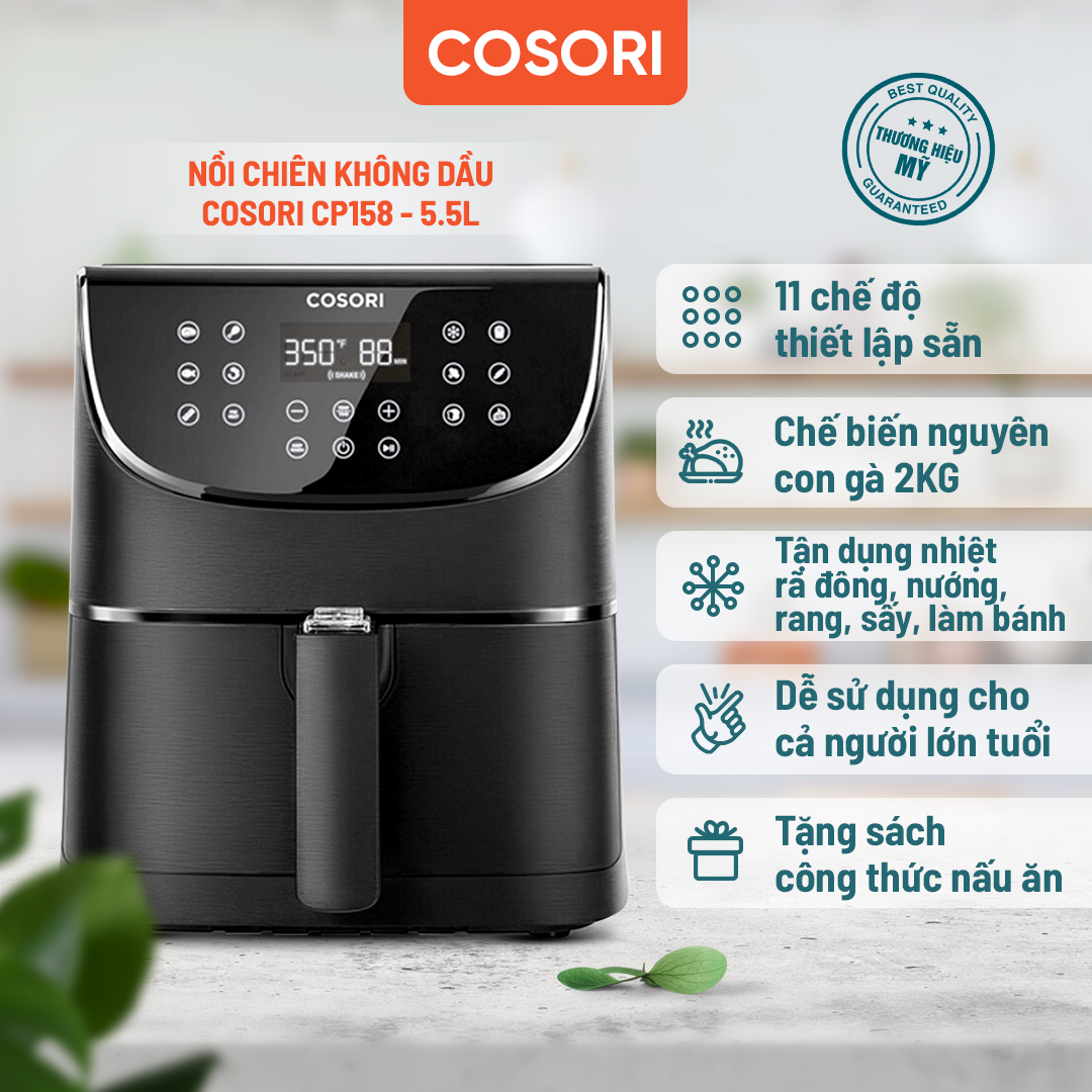 Nồi chiên không dầu Cosori CP158 (5,5 lít) - Bảng điều khiển cảm ứng TOUCH LED - 11 chương trình nấu ăn được thiết lập sẵn - Chức năng tự động tắt và giữ ấm - Chính hãng bảo hành 2 năm