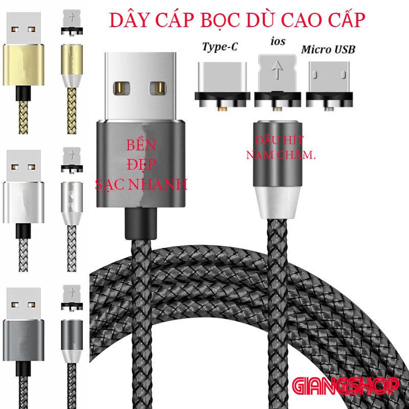 Cáp Sạc Nam Châm Dây Dù, dài 1M, đầu hít 360 độ, sạc nhanh, hút khỏe, dây được bọc dù chống gẫy, gập, 1 dây 1 đầu sac, cho Type-C / Lightning / Mirco- Dây sạc điện thoại, cáp sạc điện thoại đa năng, KhanhLinhGiangShop