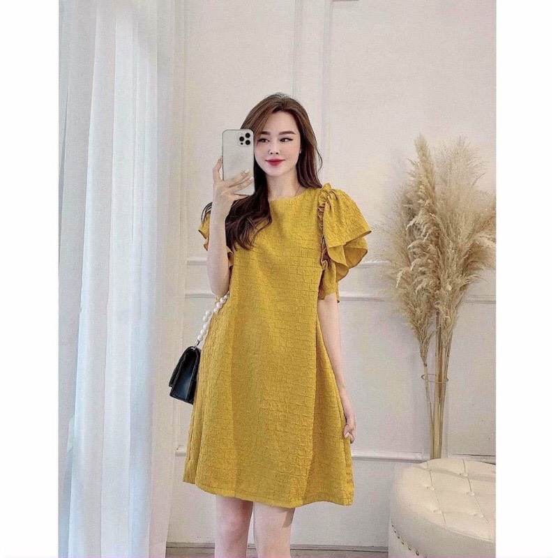 Đầm bầu công sở vàng cánh tiên chất đũi xốp