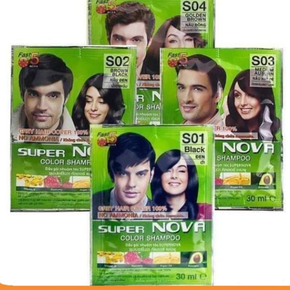 Combo 12 gói Dầu gội Nhuộm Nova phủa bạc tóc Thảo Dược Super Nova Color Shampoo 5-10 phút che phủ tóc bạc 100%  Thái Lan