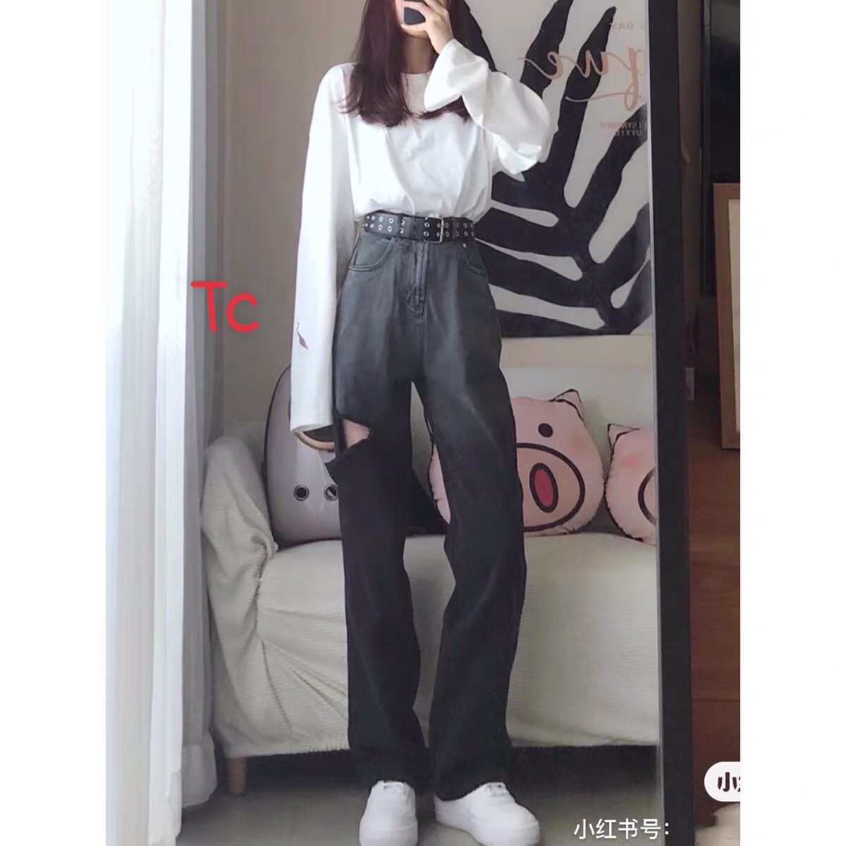 Quần bò ống rộng loang khói rách đùi cá tính